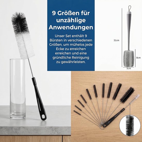 9 stuks flessenborstels, lang, flessenreiniger voor drinkflessen, glazen flessen, drinkglazen — afbeelding 4