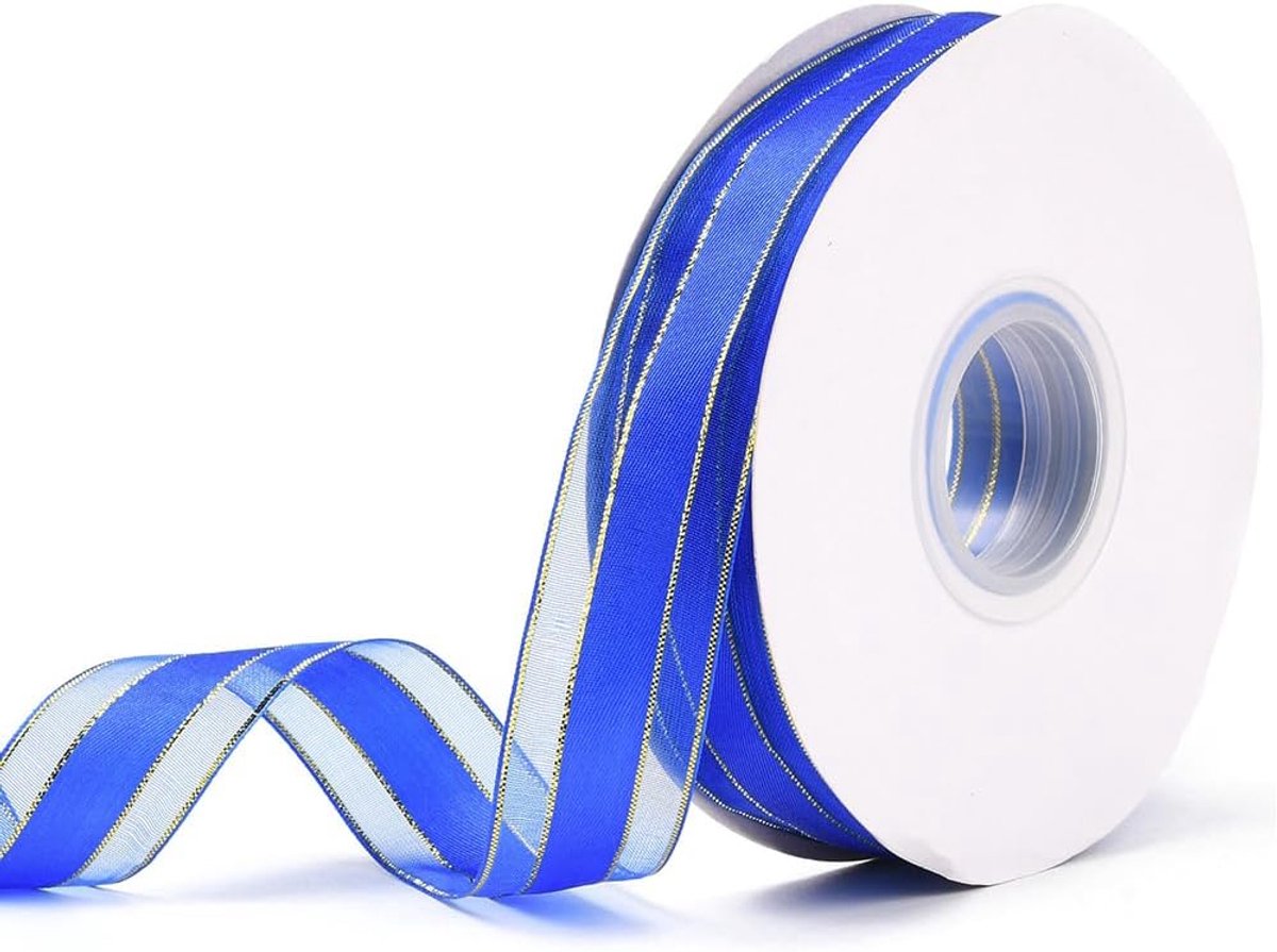 45,72 M 25 mm breed blauw doorschijnend organza lint transparant mesh chiffon gestreepte voile stof garenlinten met gouden rand rand bulk voor naaien en knutselen, geschenkverpakking