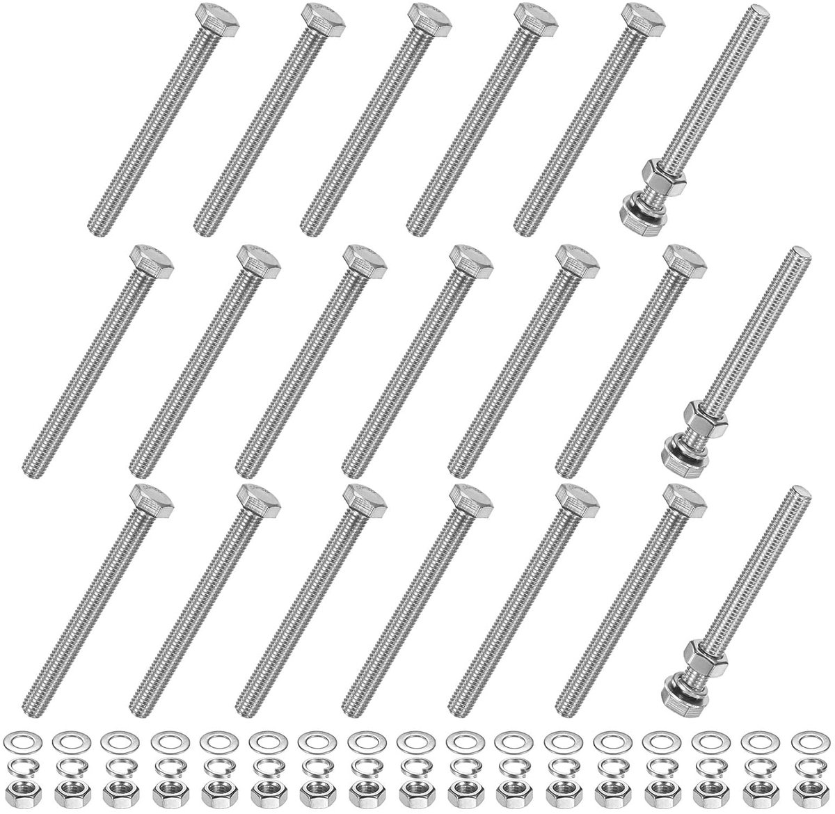 20 stuks zeskantschroeven met moeren, sluitringen en vergrendeling, M8 x 80 mm, set schroeven en moeren van roestvrij staal, volledige schroefdraad, assortiment, metrische schroeven