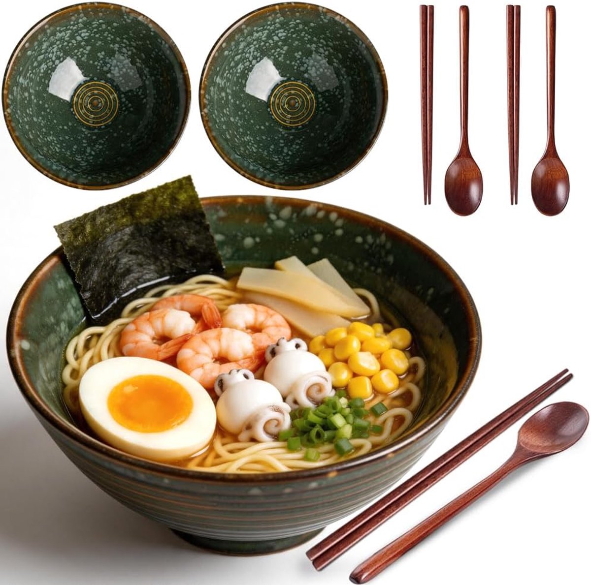 schaal set, set van 2 keramische ramenschotels, 1200 ml ramenschaal set met eetstokjes en lepels, grote soepkom voor ramen soep, pasta, fruitsalade (Wada-groen)