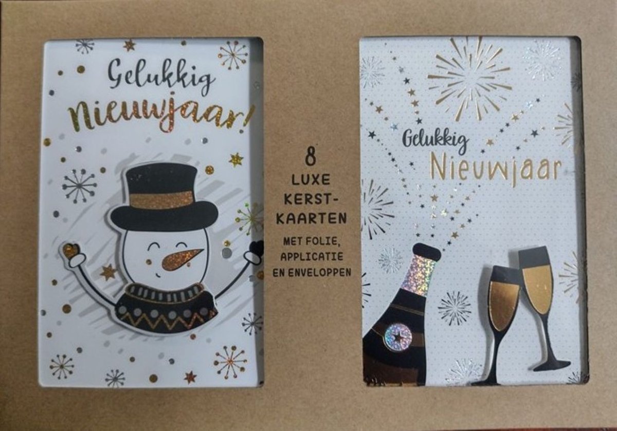 Nieuwjaarskaarten - wenskaart - nieuwjaarkaarten 8 stuks - nieuwjaarskaart - set van 8 Nieuwjaars kaarten - box 8 van kaarten - gelukkig nieuwjaar goud - luxe kaarten