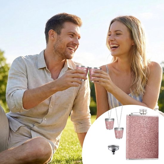 roestvrij staal, heupfles, roze glitter met trechter en 2 kleine kopjes, lekvrij, draagbaar, heupfles, roze geschenken voor vrouwen, voor reizen, outdoor, feest, camping, cadeau, 220 ml — afbeelding 3