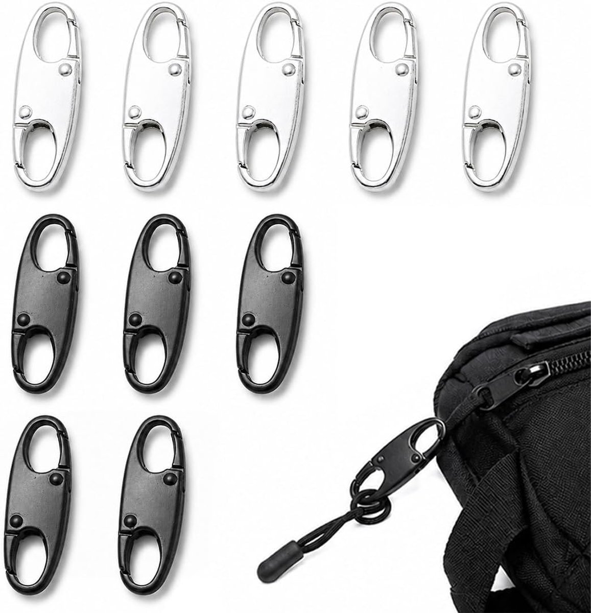 10 stuks reisaccessoires, veilige ritssluiting, veiligheidsclip, diefstalbeveiliging, 5 zilver + 5 zwart, standaard