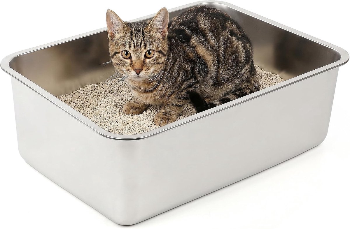 Kattenbak van roestvrij staal, groot, 44,5 x 34,5 x 14,5 cm, kattenbak van roestvrij staal met hoge rand, geurvrij, open kattenbak, gemakkelijk te reinigen, anti-aanbaklaag, kattenbak voor