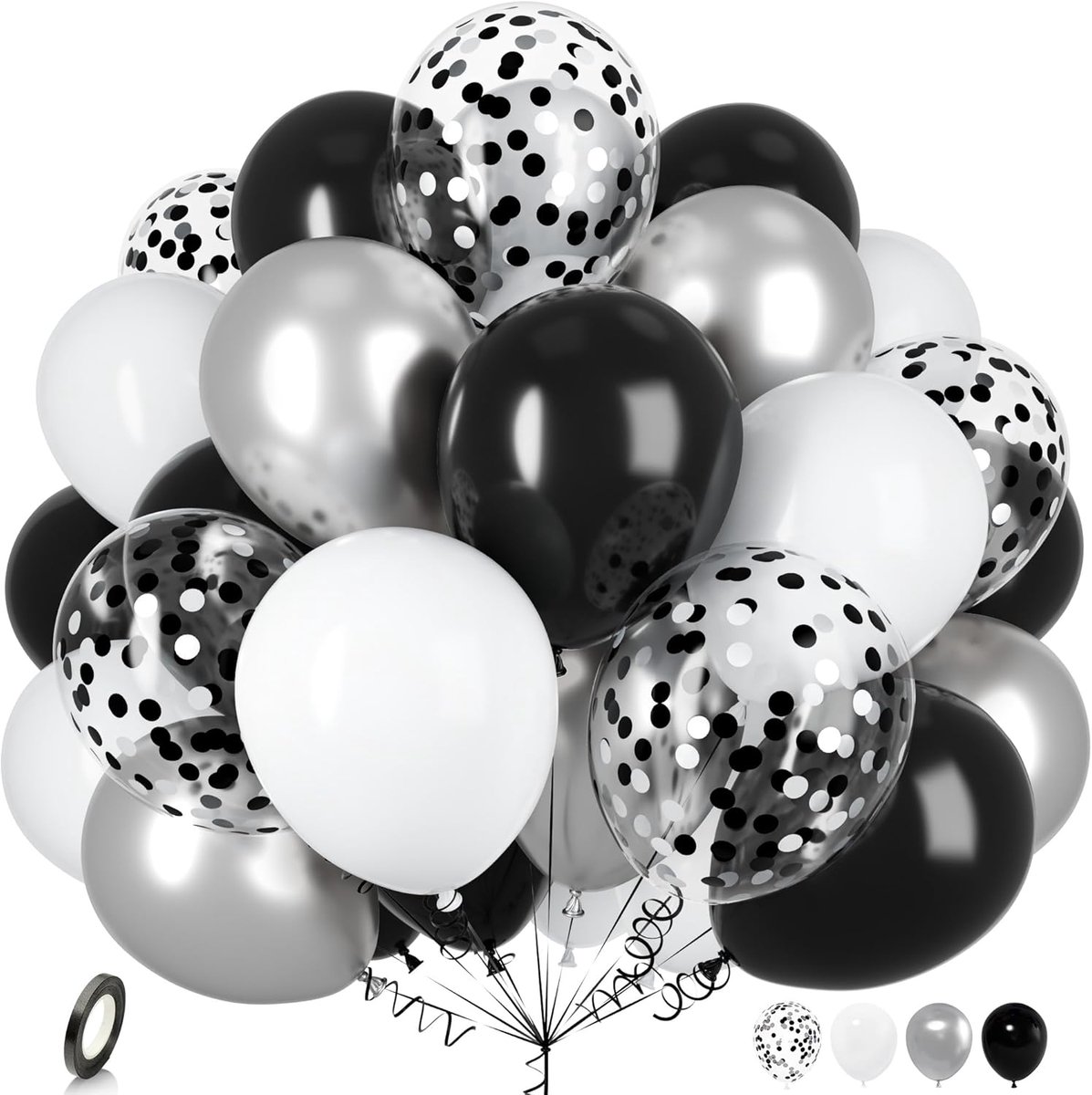 Ballonnen zwart wit, 30 cm, metallic, chroom, zilver, confetti, latex, helium, ballon met lint voor kinderen, meisjes, jongens, feest, verjaardag, babyshower, bruiloft, doop, festival