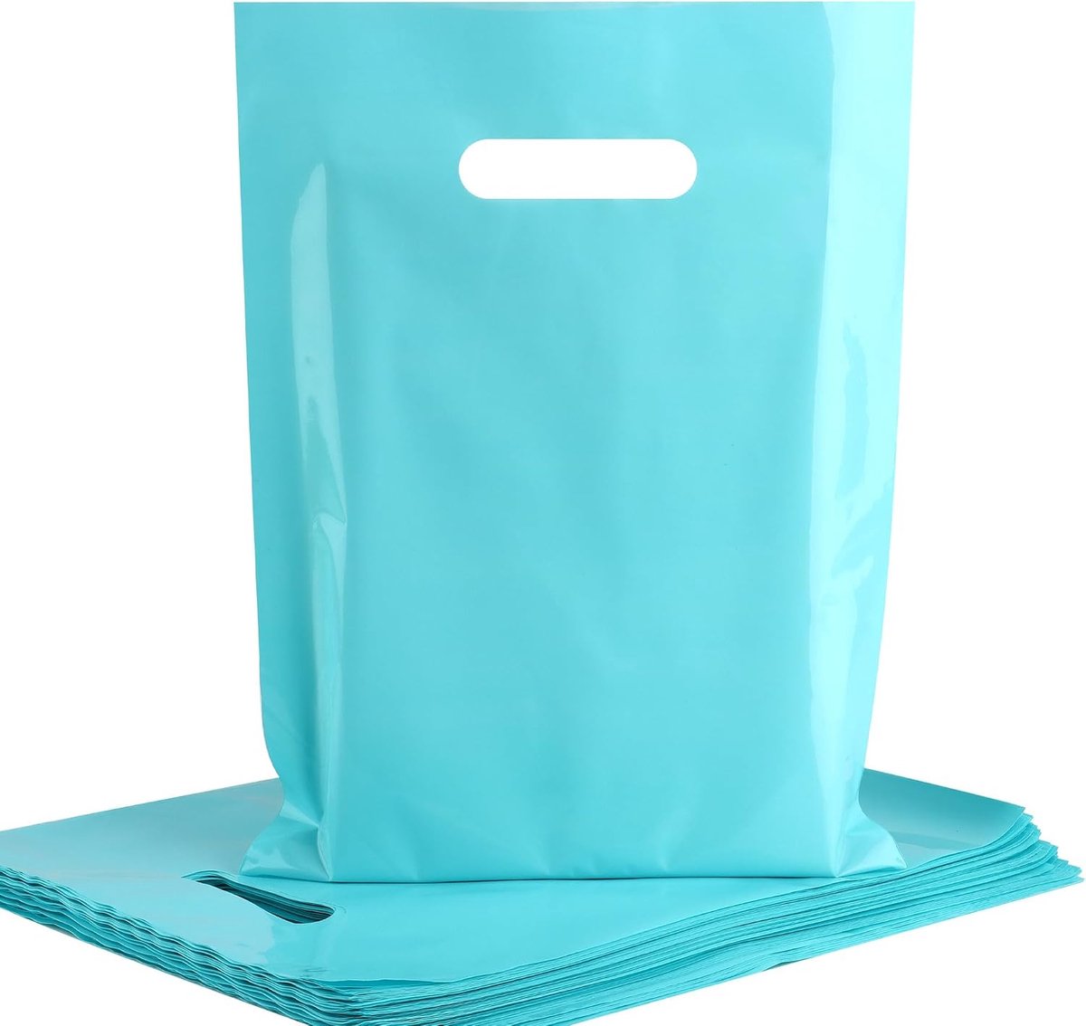 Blauwe plastic zakken met gestanste handgrepen, verpakking van 100 stuks - 23 x 30 cm, 1,75 ml dikke glanzende blauwe winkelzakken, bulk voor geschenkverpakking, feestartikelen, verjaardag