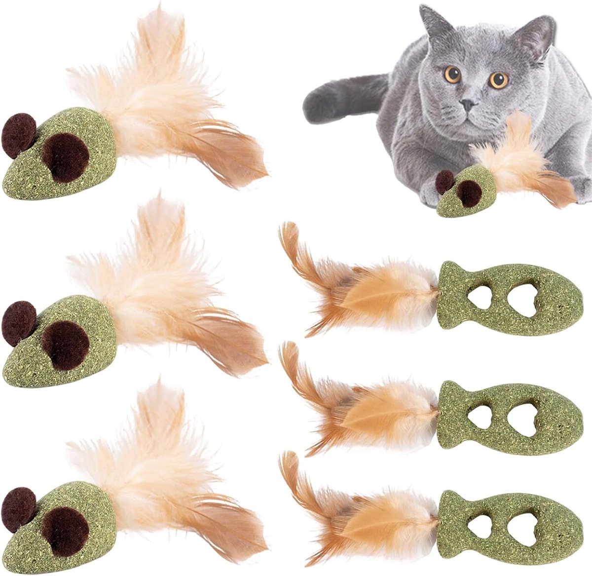 6 stuks kattenspeelgoed, kattengras, muis, vis, catnip speelgoed voor katten met veer, kattenspeelgoed, anti-stress, reinigt tanden, kauwen, entertainment
