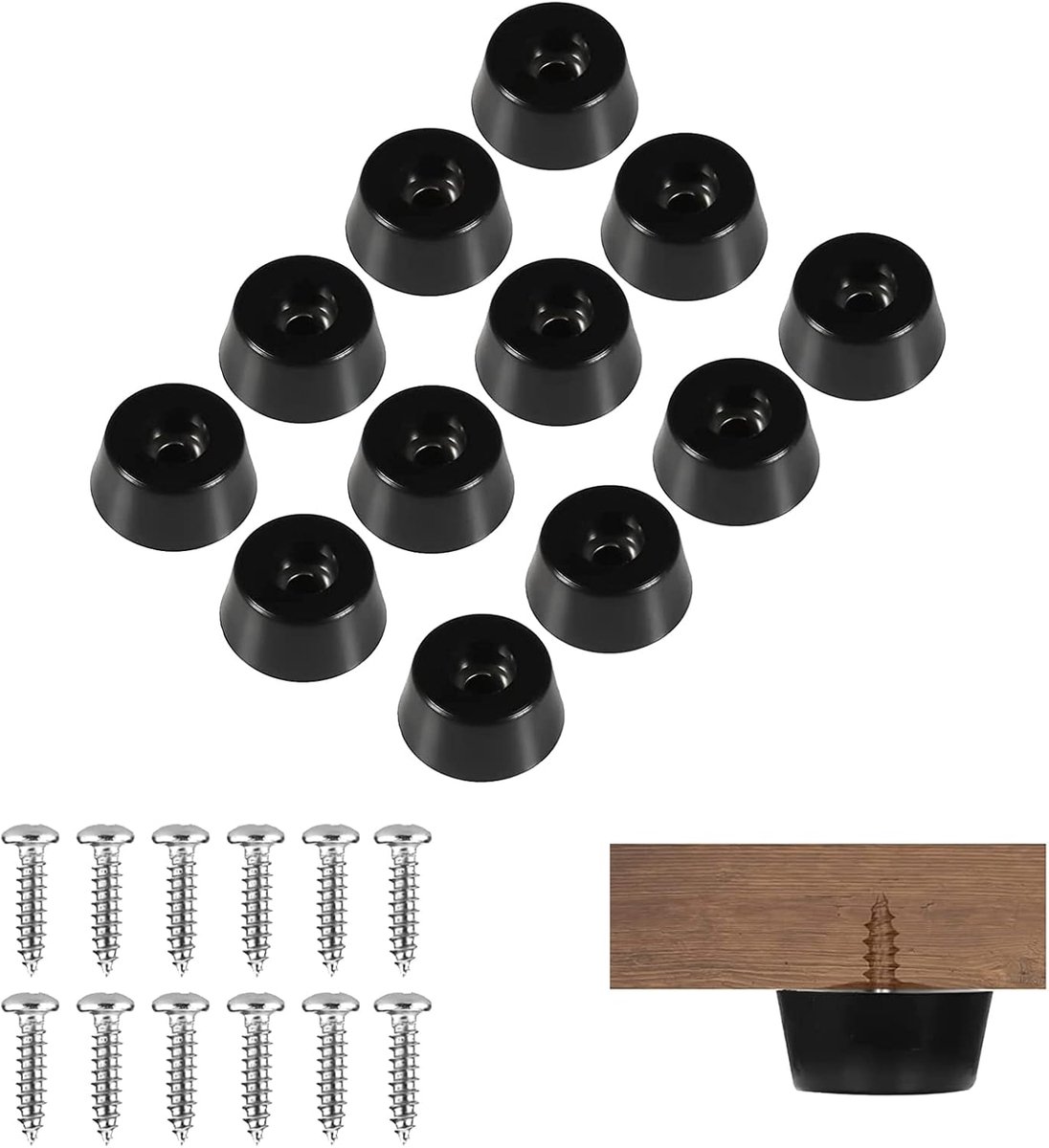 12 Stuks Poten voor Meubels, Rubberen Snijplankvoeten met Roestvrijstalen Schroeven, Ronde Zwarte Rubberen Inschroefvoeten voor Houten Tafelstoelmeubels (0.41" X 0.86")