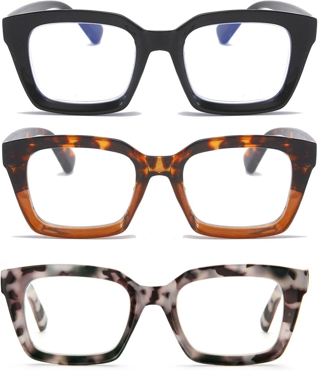 3 verpakkingen leesbril voor dames, vierkant frame, anti-blauw licht, oversized computerbril