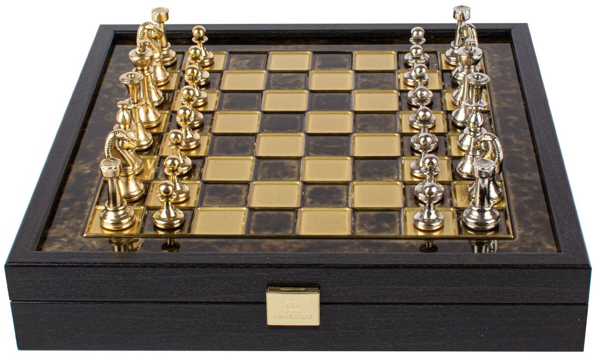 Luxe Metalen Schaakset met Houten Kist en Bronzen Bord