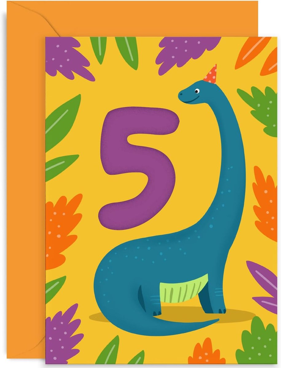 Verjaardagskaart voor kinderen - kleurrijke dino - voor 5 jaar - leuk cadeau voor jongens en meisjes - ShopVlot