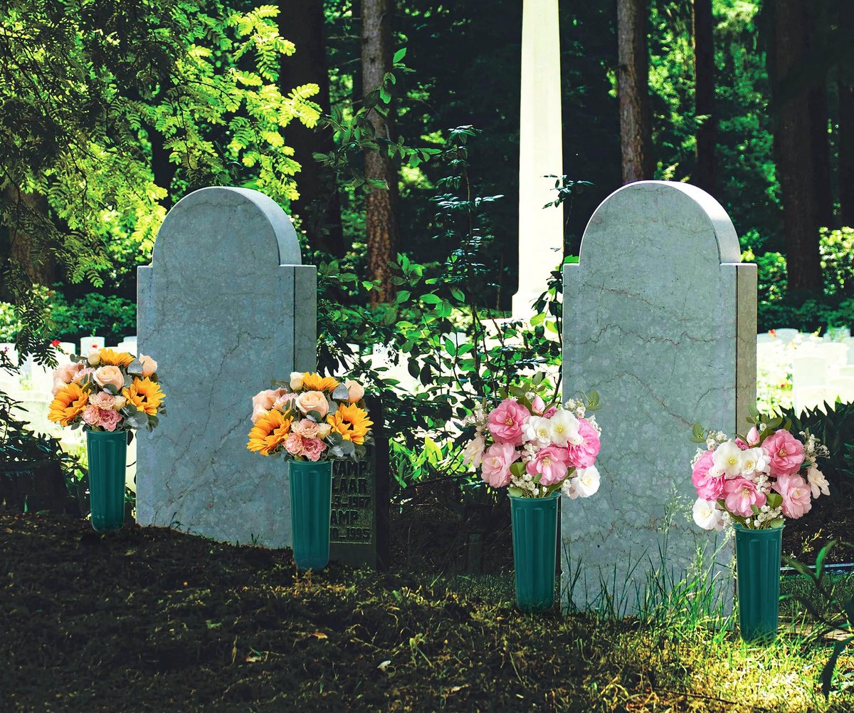 Graaf vazen met spijkers - plastic bloemenhouder - 2 stuks groen - ideaal voor grafdecoratie - ShopVlot
