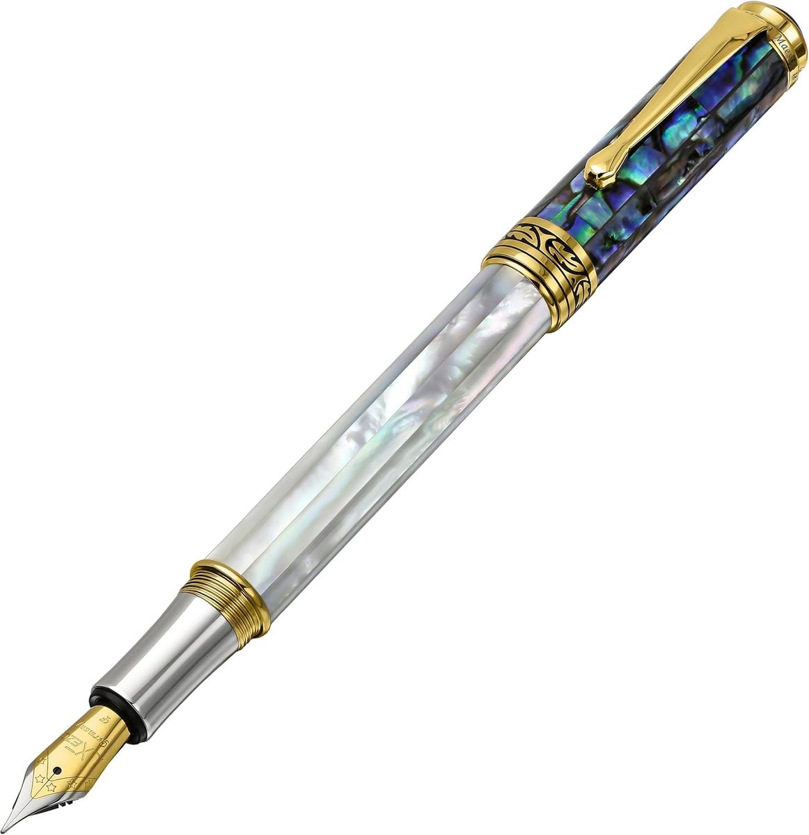 Vulpen fijne nib - iriserend oceanisch wit parelmoer - handgeïnlegd met pāua schelp - perfect voor elegant schrijven - ShopVlot