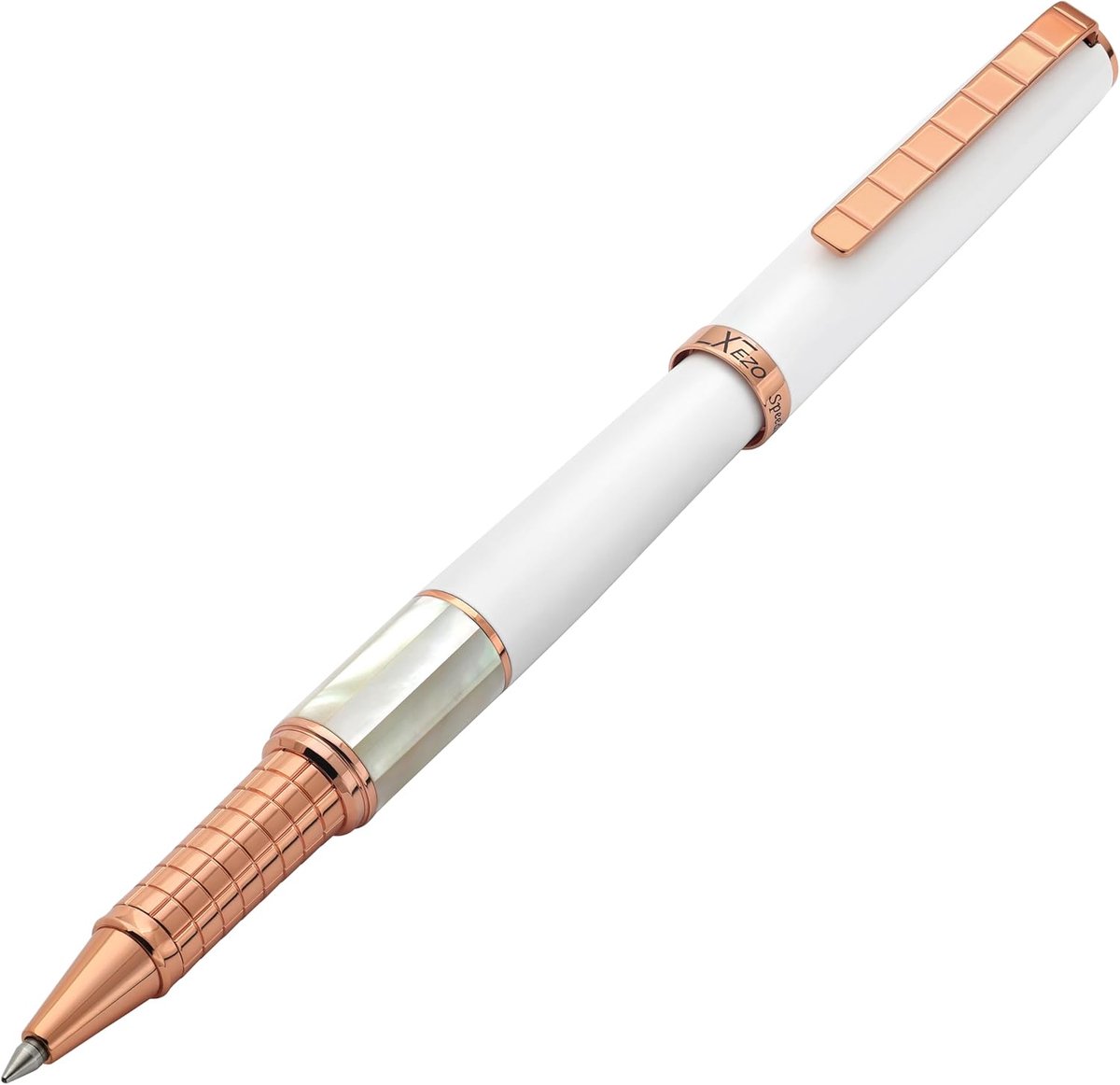 Rollerball pen - fijne punt 0.6mm - mat wit met parelmoer - elegante rose gouden afwerking - ShopVlot