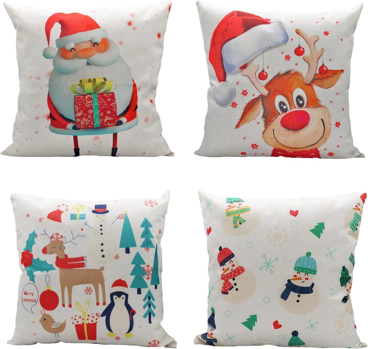 Kussenhoezen Kerst, 45 x 45 cm - Linnen, Dubbelzijdig bedrukt - Ideaal voor bank en bed - Set van 4 - ShopVlot