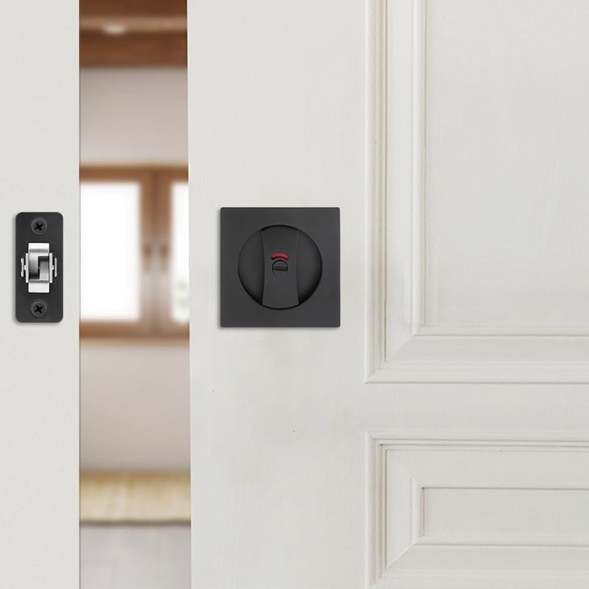 Schuifdeur slot met privacy indicatoren - 66mm terugslag - matte zwart - voor deuren van 35-50mm - ShopVlot