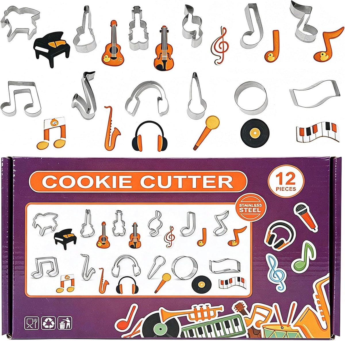 Muziekvormpjes 12 Stuks - RVS Bakvormpjes - Iconische Muzikale Instrumenten - Perfect voor Muziekfeesten - ShopVlot