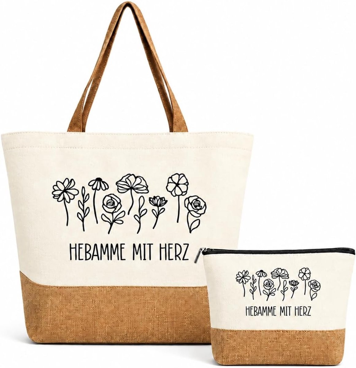 Set van 2 gele draagtassen met cosmeticatas - bloemendesign - met hart - ideaal als cadeau voor geboorte - ShopVlot