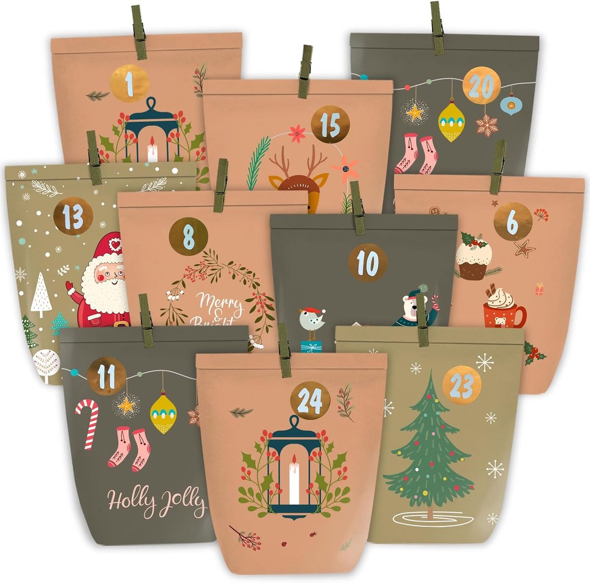 Adventskalender vullen - 24 papieren zakken - met stickers en houten klemmen - creatief cadeau voor de feestdagen - ShopVlot