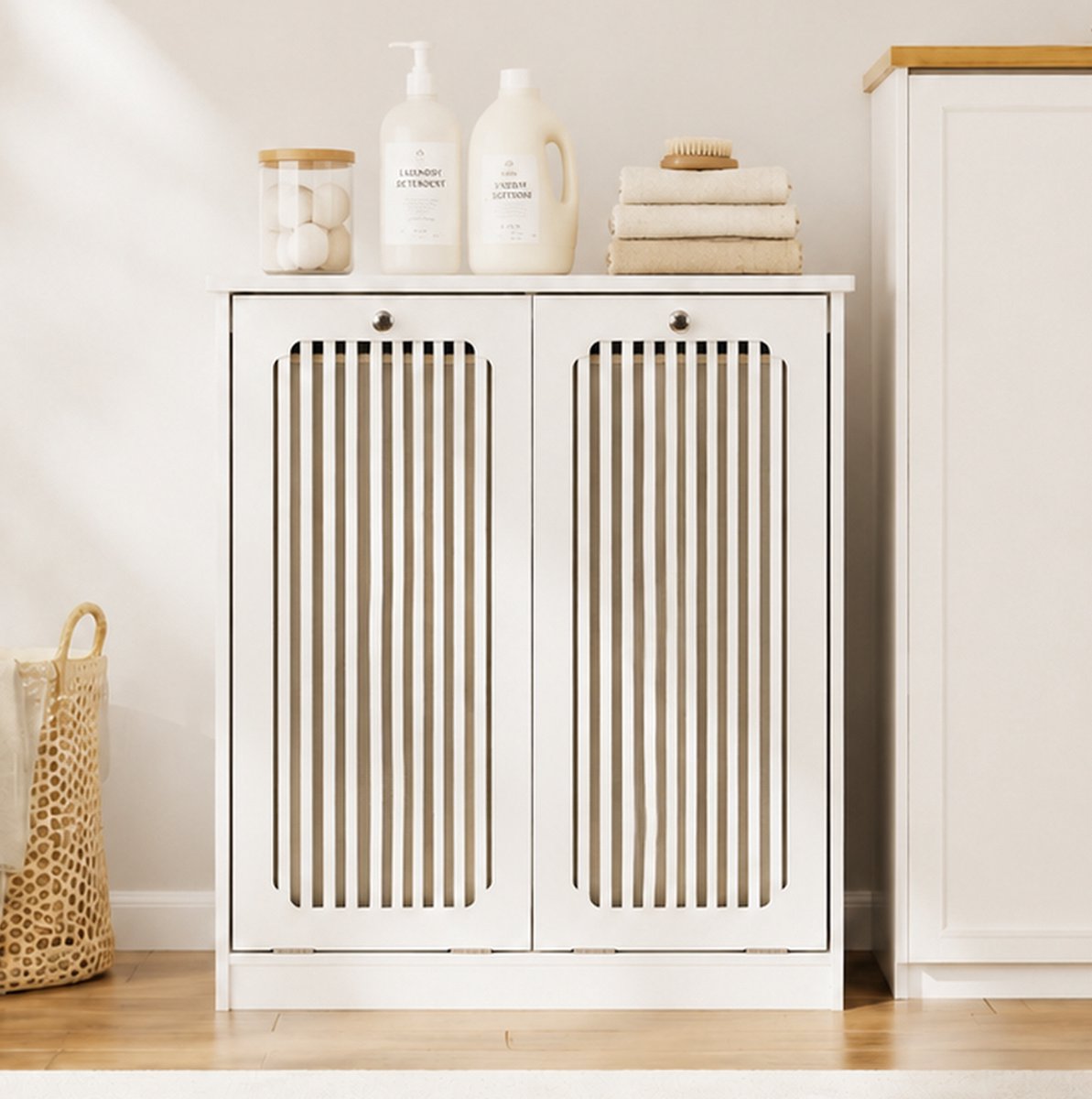 STILVORA Waskast - Lamellenfront Met Klapdeksel En 2 Vakken - Voor Wasruimte, Badkamer En Hal - MDF En Spaanplaat - Wit - 66 X 35 X 76 Cm