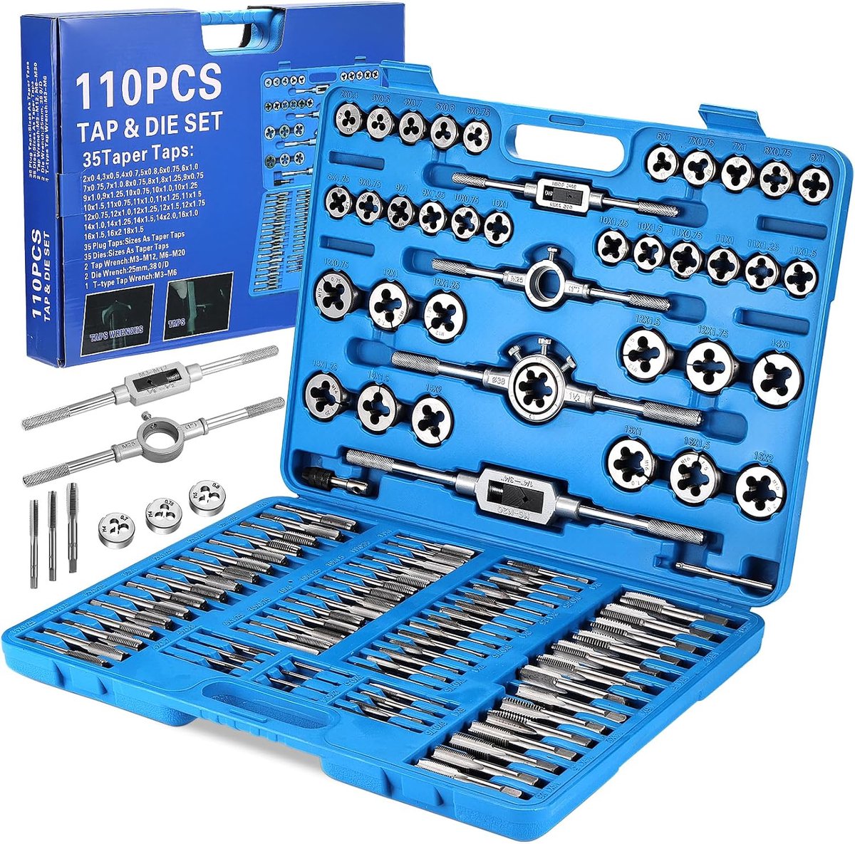 Tap en die set 110 stuks - zware kwaliteit koolstofstaal - M2-M18 metrisch - perfect voor schroefdraad maken - ShopVlot