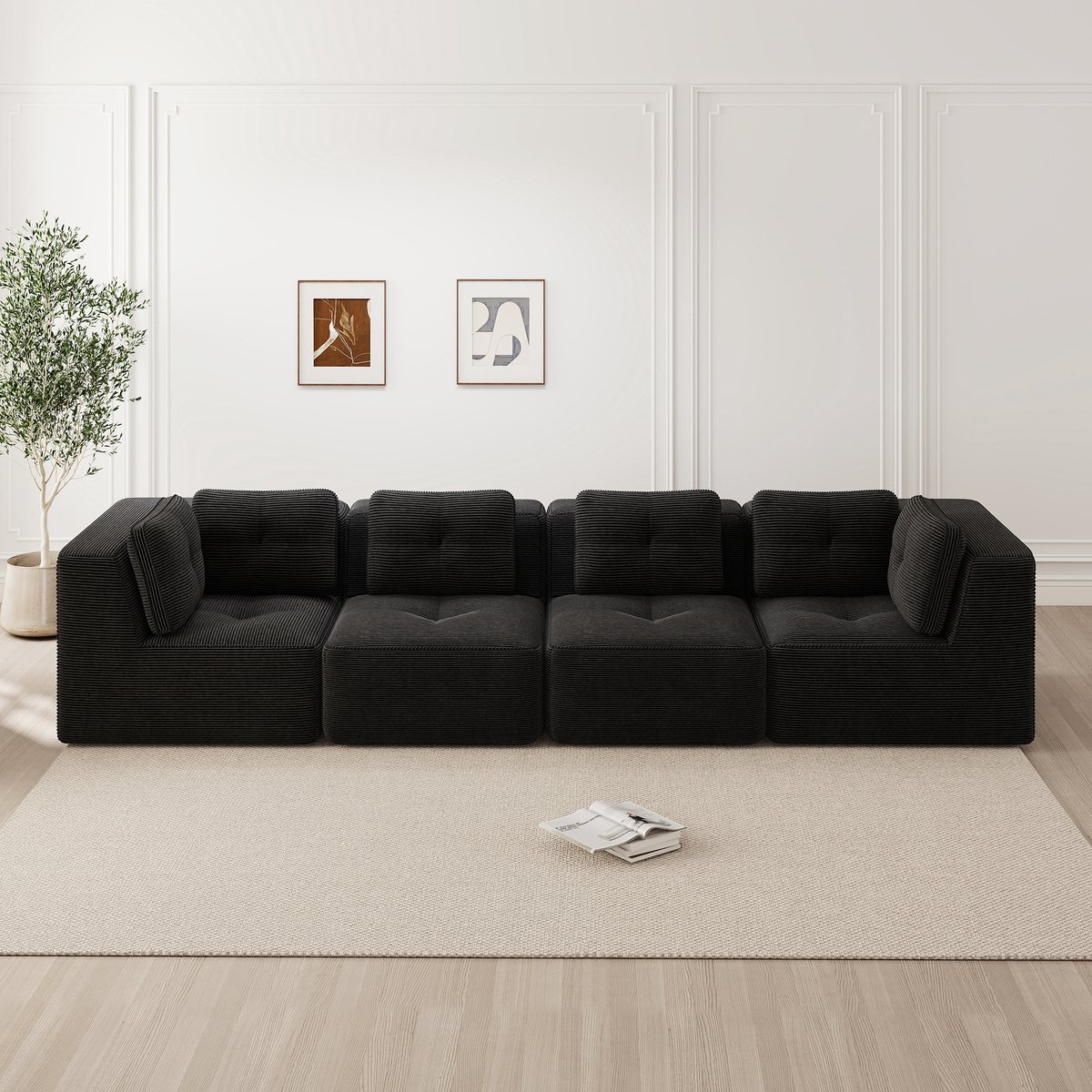 MEUNIQ Modulaire 4-zits hoekbank 386 x 104 x 69 cm met diepe zit van 74 cm, brede armleuningen, corduroy bekleding en antislip ontwerp voor woonkamer, zwart