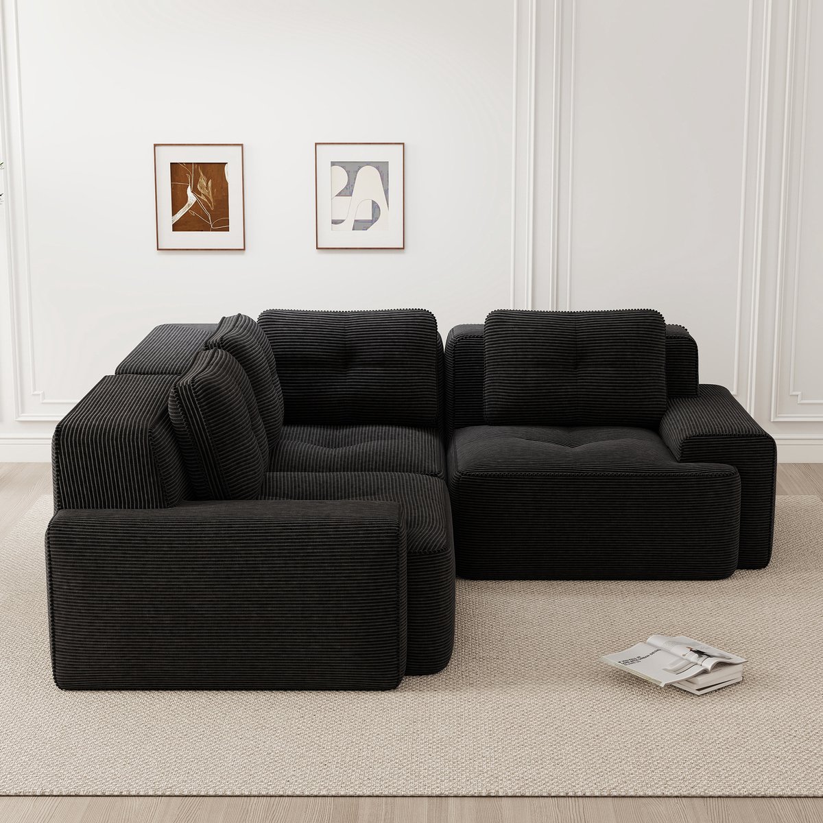 MEUNIQ modulaire 3-zits hoekbank 206 x 206 x 69 cm in zwart corduroy, diepe zit van 74 cm, zachte 32D-schuimvulling, brede armleuningen en zonder montage voor de woonkamer