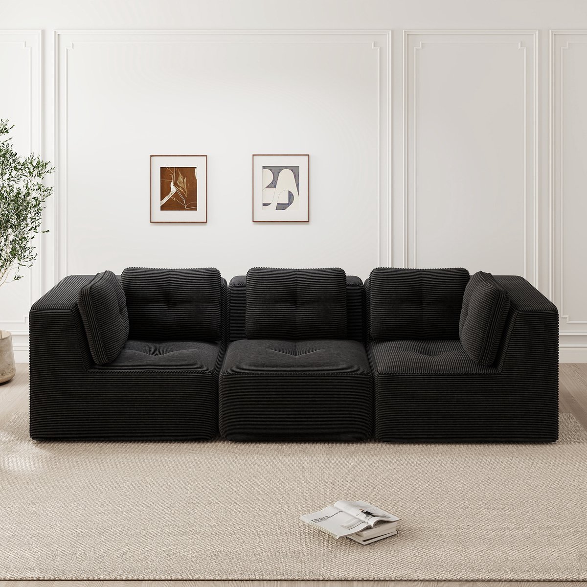 MEUNIQ modulaire hoekbank 3-zits, corduroy, diep zitvlak, zonder montage, frameloos ontwerp, zwart, voor de woonkamer