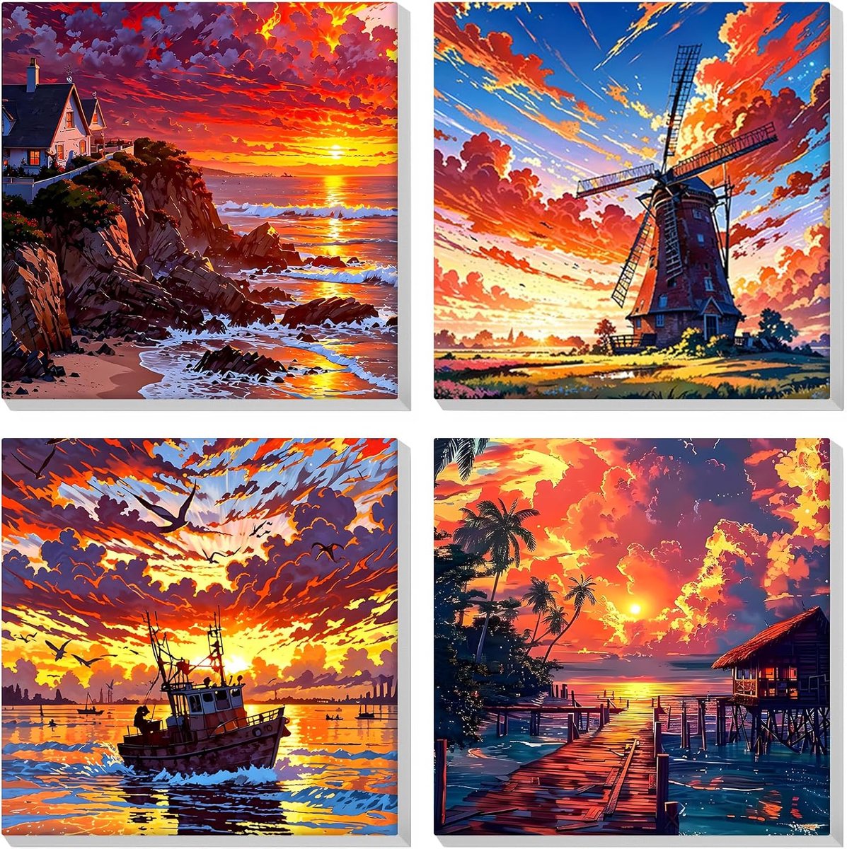 SnelShoppen - 4 Pack Schilderen op Nummer voor Volwassenen en Kinderen, DIY Acryl Verf op Canvas, Inclusief Lijst, Geschikt voor Beginners, 8x10 Inch,
