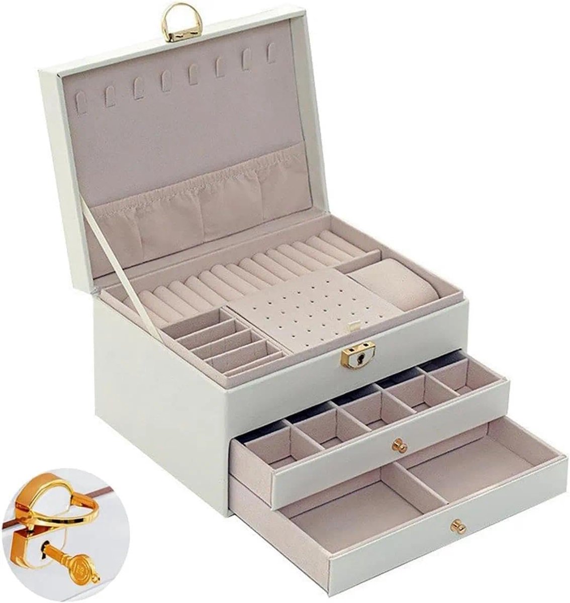 Sieradenbox voor meisjes met 3 lagen - parelwit - met slot en 2 lades - veilig opbergen van sieraden - SnelShoppen