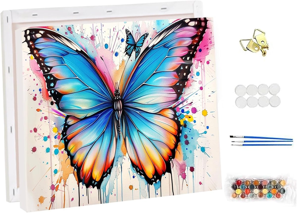 SnelShoppen - Elegante Vlinder Schilderen op Nummer met Lijst - Blauw Vleugels DIY Acryl Verf Kit voor Volwassenen - Creatieve Canvas Olie Schildering