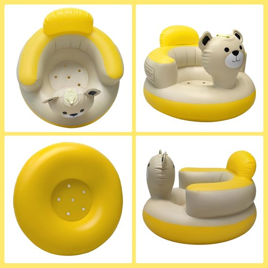 Opblaasbaar baby leert-zitstoel met cartoon beer geel-beige, opblaas zitje met bekerhouder voor baby's binnen thuis,50*47*34cm — afbeelding 2