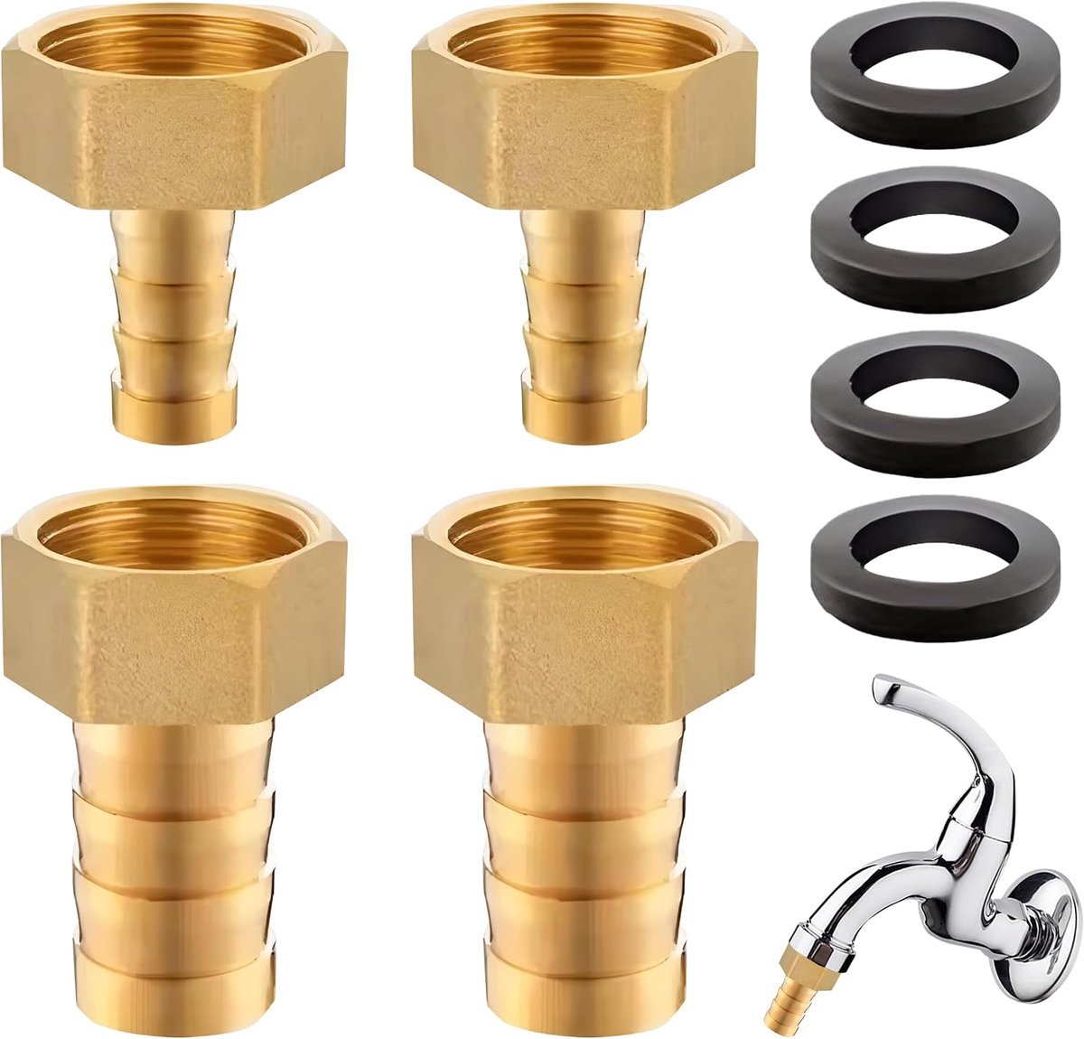 Hose connector set 12mm/19mm - messing - met rubberen afdichtingen - ideaal voor tuin- en waterleidingen - SnelShoppen