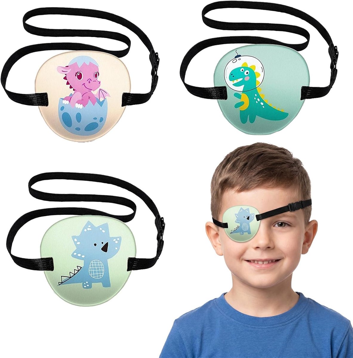Oogpatch voor kinderen 3 stuks - herbruikbaar - 3D-dinosaurus-design - ademend en comfortabel - SnelShoppen