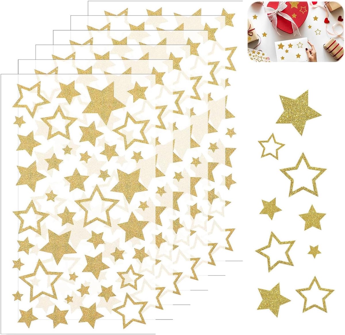 Sterrenstickers goud glitter - 6 vellen zelfklevend - 252 stuks voor knutselen en beloningen - m-winkel