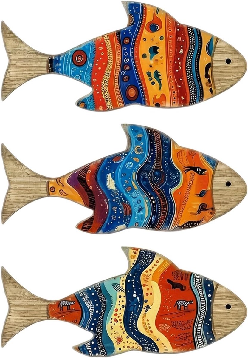 Decoratieve vissen set van 3 - Houten wanddecoratie - Mediterrane stijl - Creëer een kustsfeer - SnelShoppen