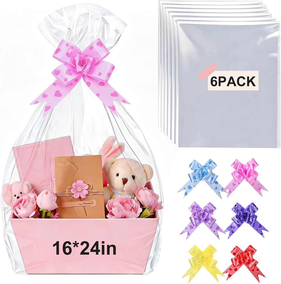 Cellofaan mand zakken 40 x 60 cm - doorzichtige OPP wikkelzakken - mix kleur trekstrikken - ideaal voor geschenkmand - SnelShoppen