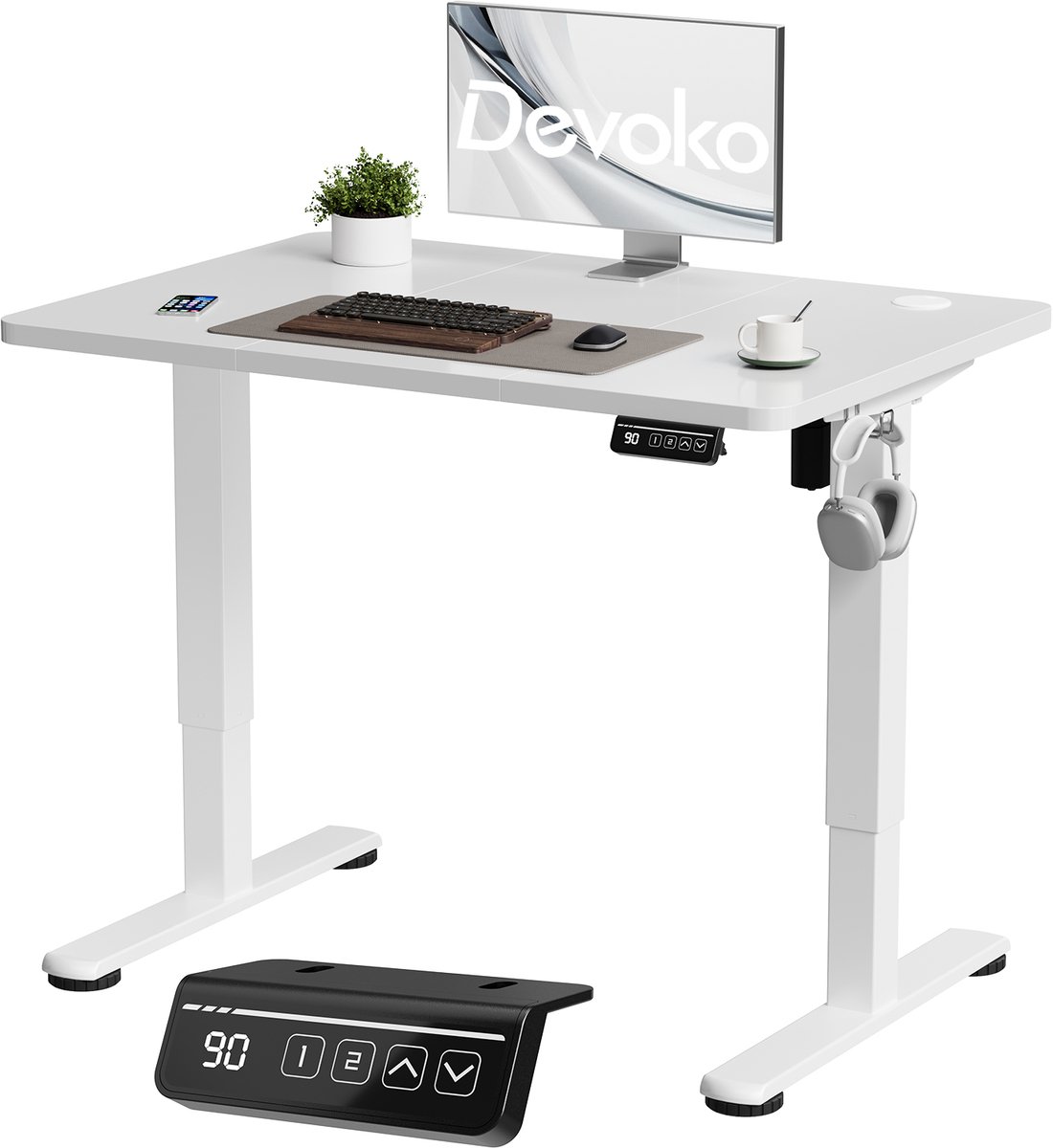 Devoko Elektrisch Verstelbaar Bureau 100x60 cm – Stille Motor met Geheugenfunctie – 4 Knoppen Handbediening – Compact Bureau – Wit