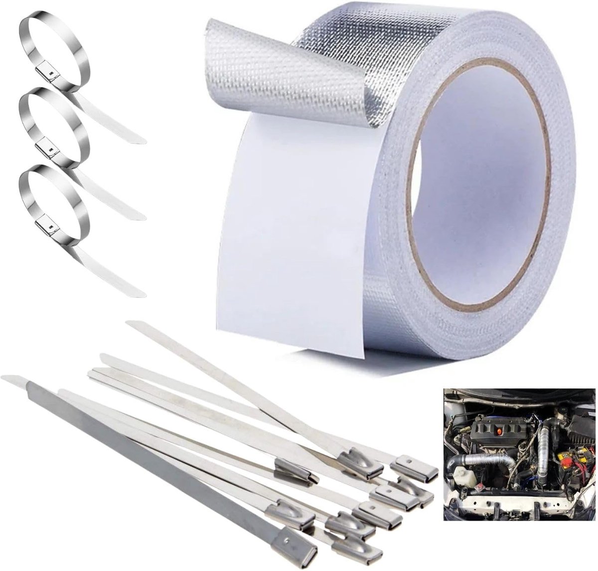 Hittebeschermingsband 20 m x 5 cm - zelfklevend - met 20 kabelbinders - voor uitlaatreparaties - ShopVlot