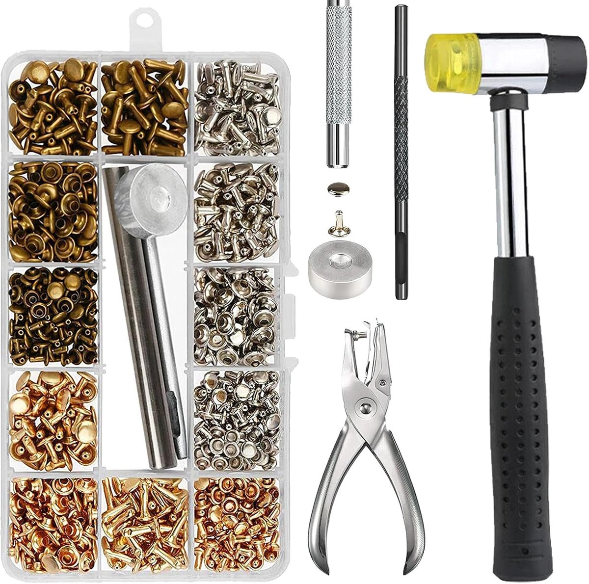 Leren rivets set 360 stuks - 3 kleuren en maten - inclusief rubberen hamer - ideaal voor DIY projecten - ShopVlot