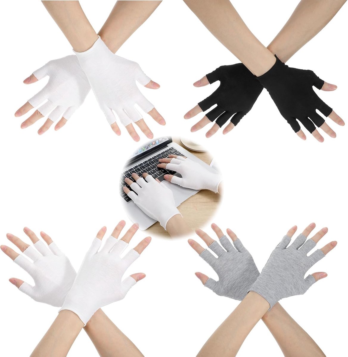 vingerloze handschoenen 4 paar - katoen - zwart, wit en grijs - ideaal voor eczeem en verzorging - ShopVlot