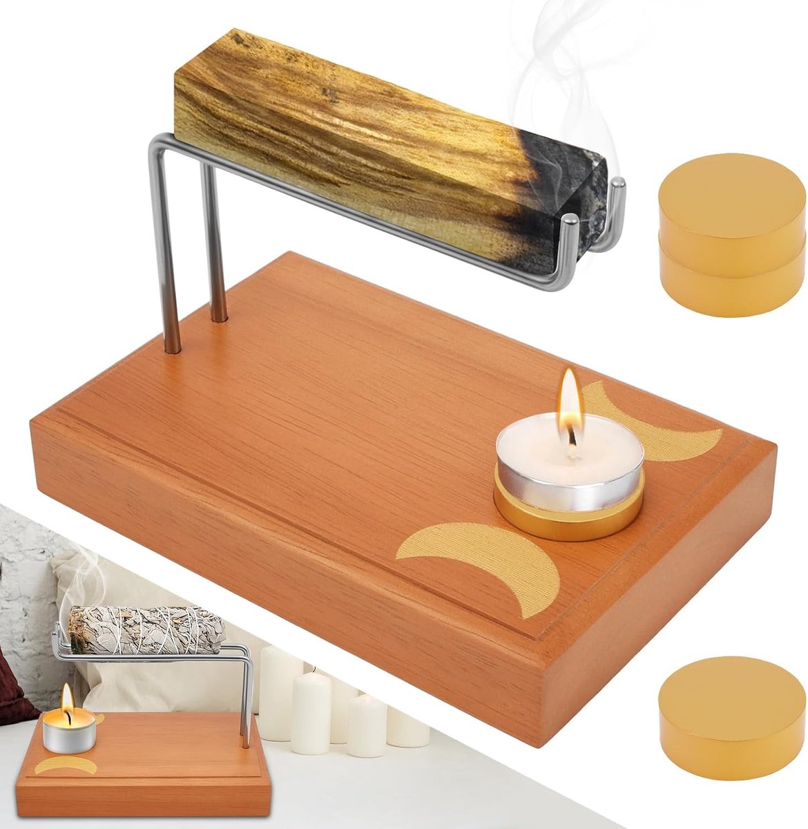 Palo Santo houder wierookschotel - grote asopvangbakken - 4 houten kaarsen - ideaal voor meditatie - ShopVlot