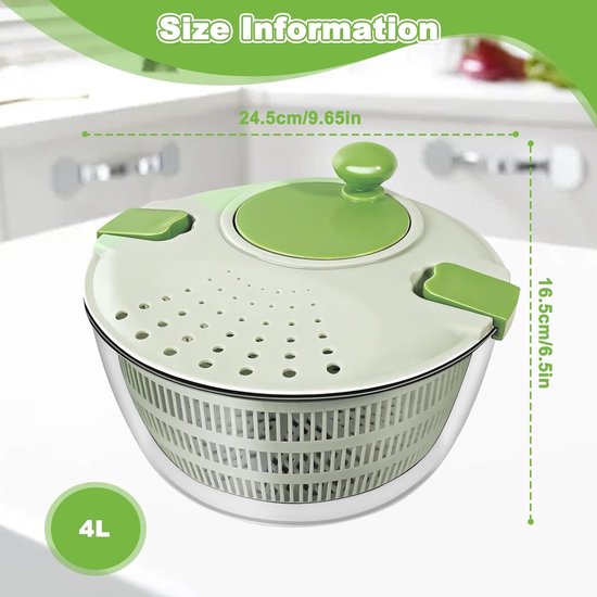 Saladecentrifuge 4 Liter - Groentewasdroger Kom - Snel Salade Drogen - Handmatige Bediening Gemakkelijk - 24.5 cm Diameter - Groen — afbeelding 4