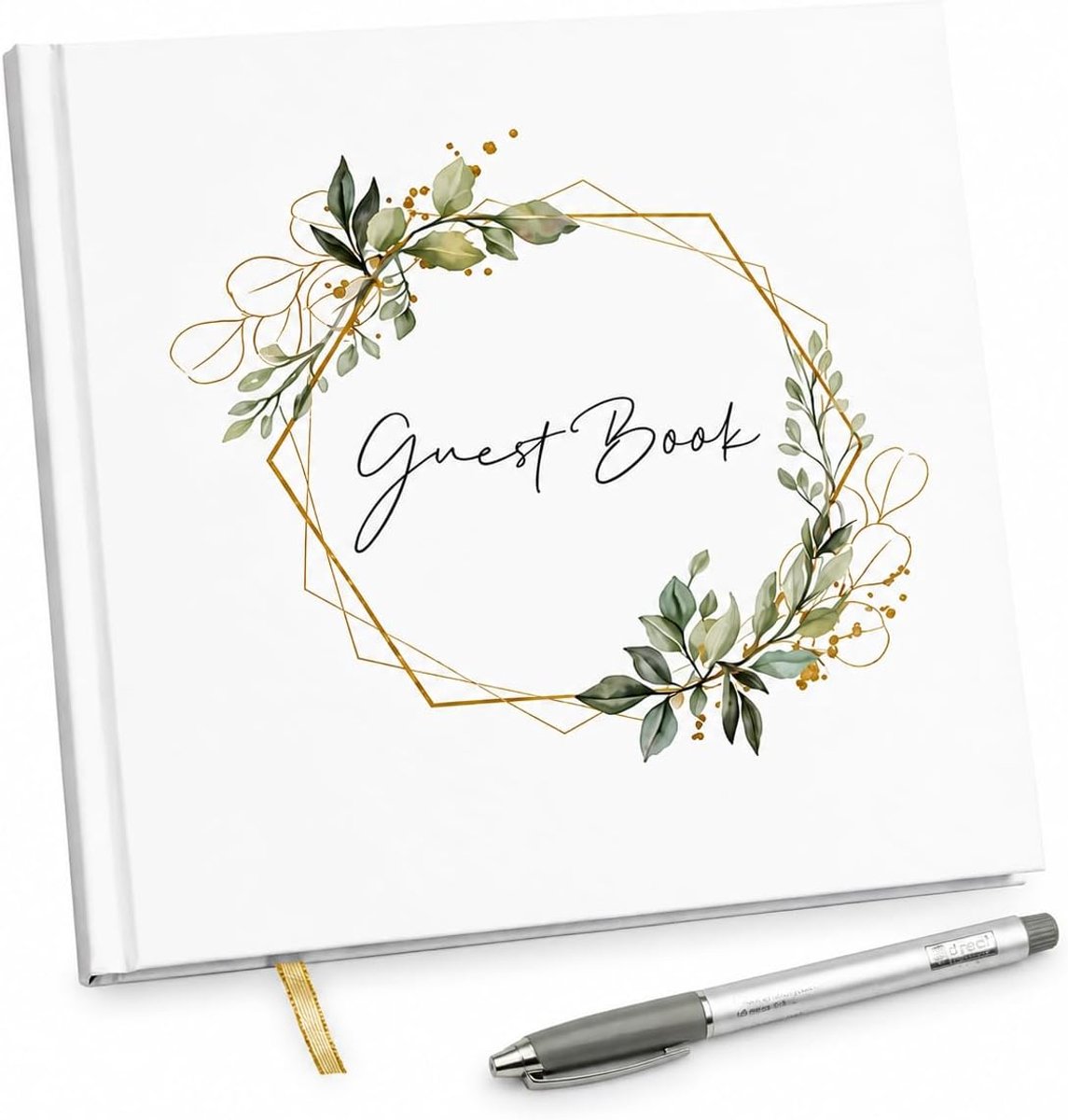 Gastenboek voor bruiloft 21 x 21 cm - elegante uitvoering met gouden folie - inclusief zilveren pen - ShopVlot