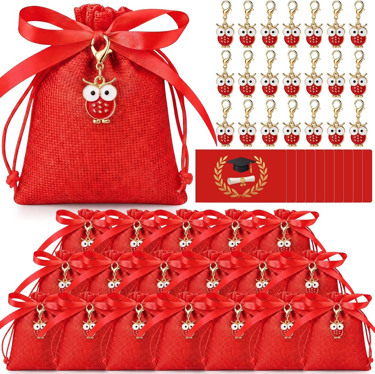 Afstudeercadeautjes set 50 stuks - rode snoepzakjes met uilensleutelhangers - feestelijk cadeau voor afgestudeerden - ShopVlot