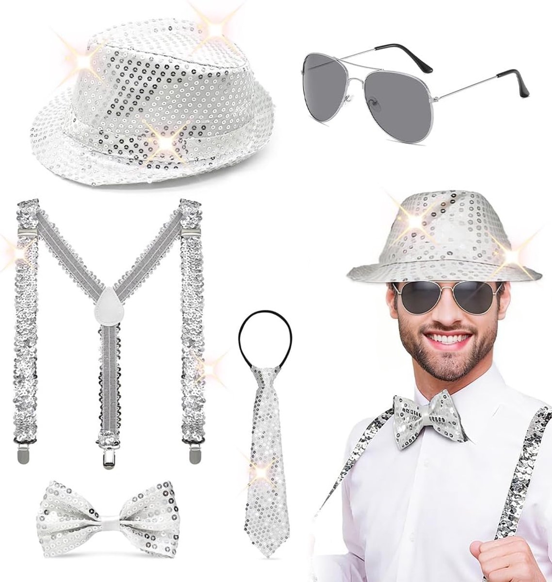 Mannen 5-delige disco set - zilveren pailletten - hoed, bretels, stropdas, vlinderdas en bril - glamoureuze feestoutfit - ShopVlot