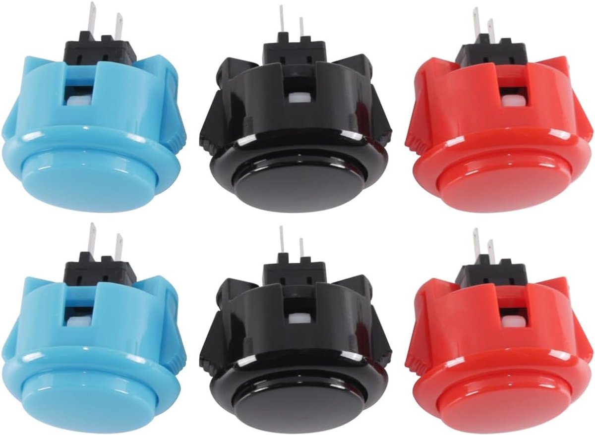 Arcade Drukknoppen Set 30mm - 6 Stuks - Zwart, Blauw, Rood - Geschikt voor standaard arcadepanelen - ShopVlot