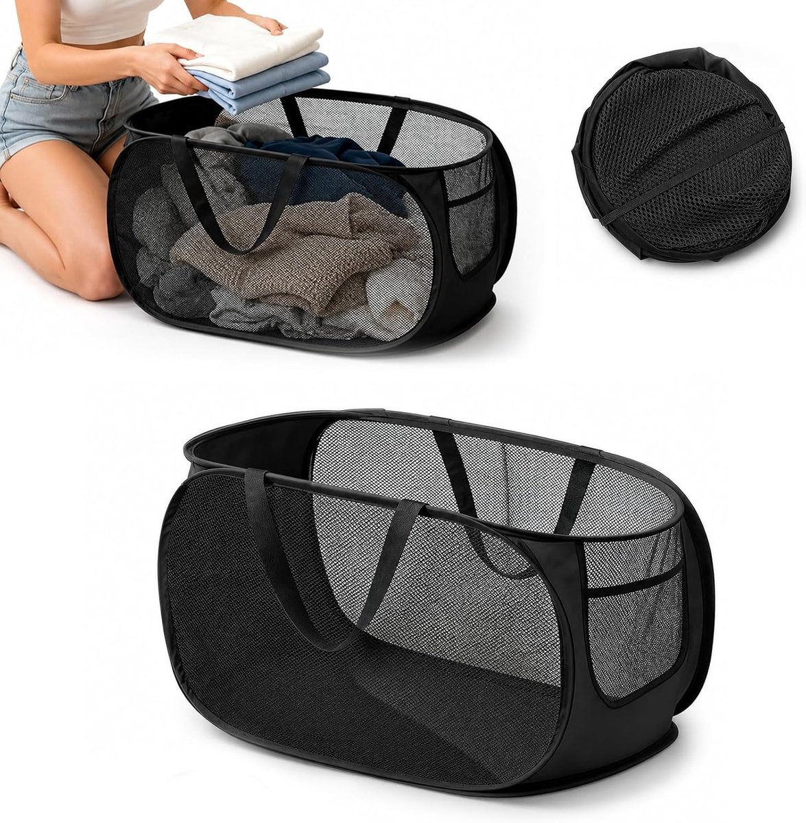 Opvouwbare wasmand 36 x 36 x 58 cm - nylon en staal - grote capaciteit - ideaal voor wasruimte - ShopVlot