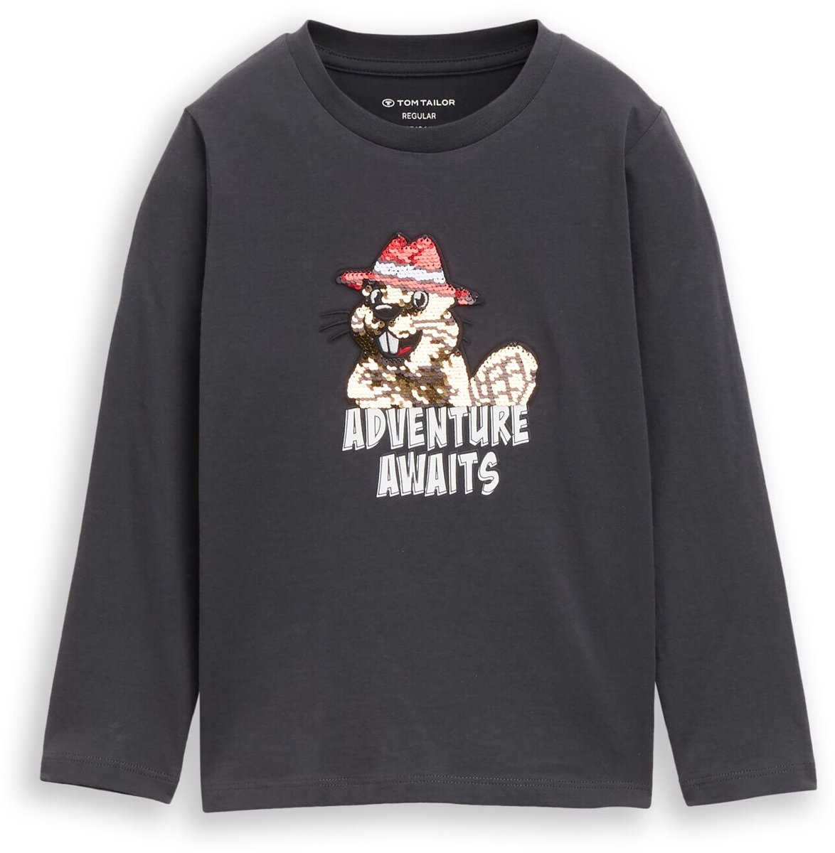 Tom Tailor - T-shirt met lange mouwen en beverprint - Maat 92/98 - coal grey