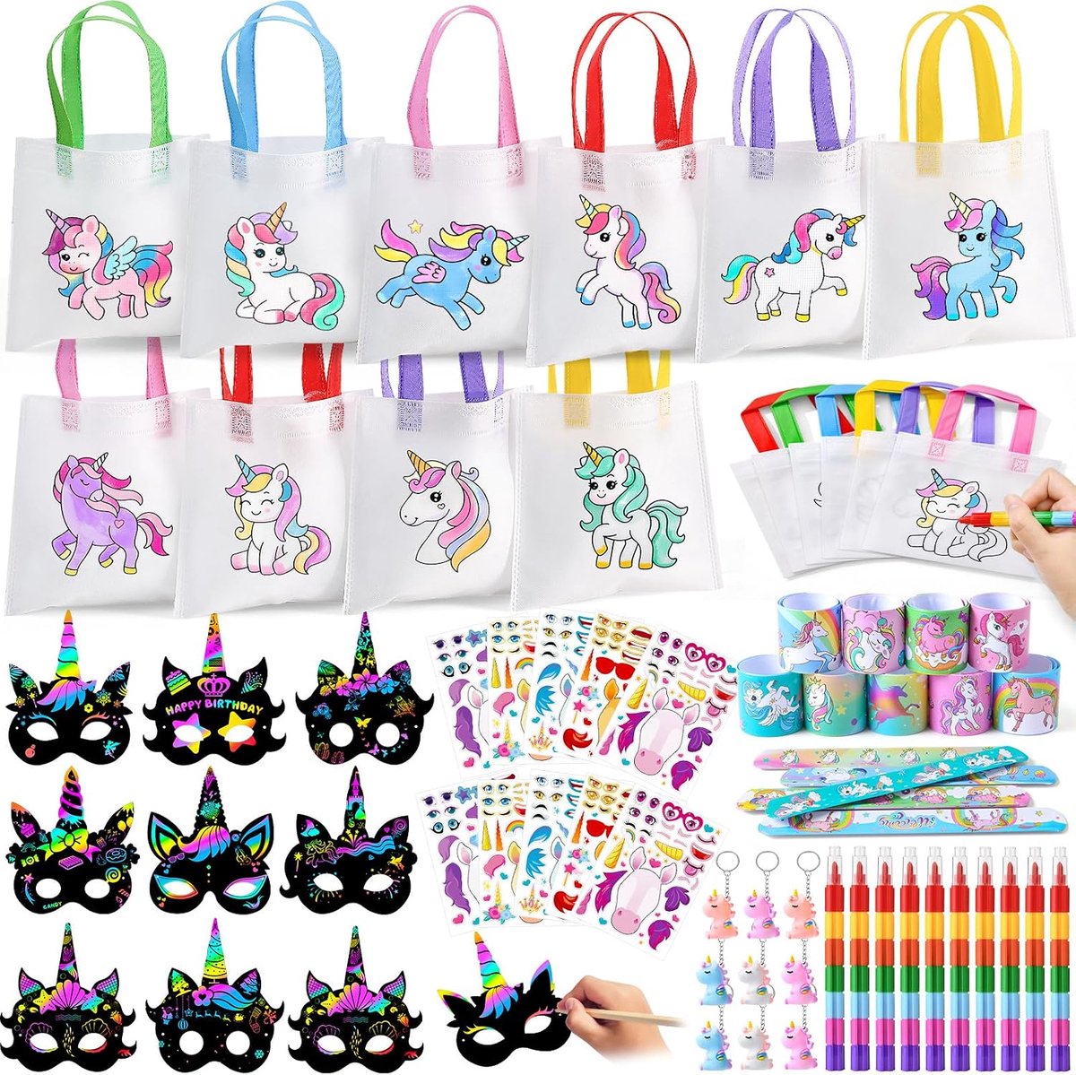 Verjaardagsfeest cadeau set - kleurbare stoffen tas - met sleutelhangers en knoppenarmbanden - plezier voor kinderen - ShopVlot